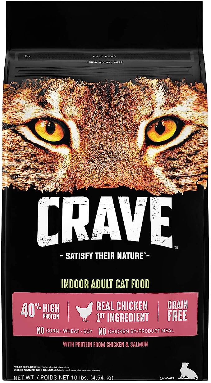 CRAVE Grain Free Indoor Adult High Protein Natural Dry Cat Food with Protein from Chicken & Salmon, 10 lb. Bag